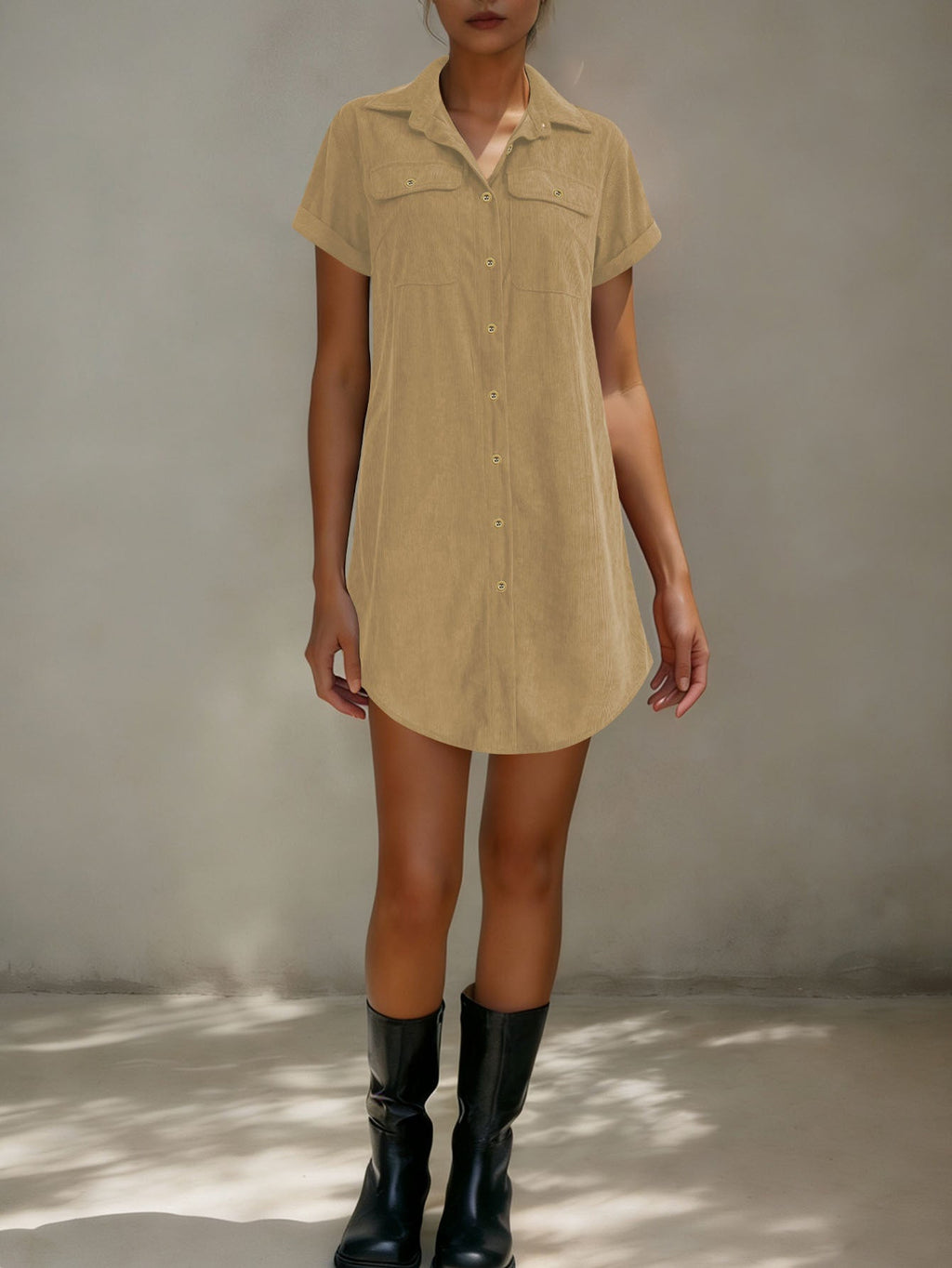 Women’s Retro Casual Corduroy Short Sleeve Shirt Dress