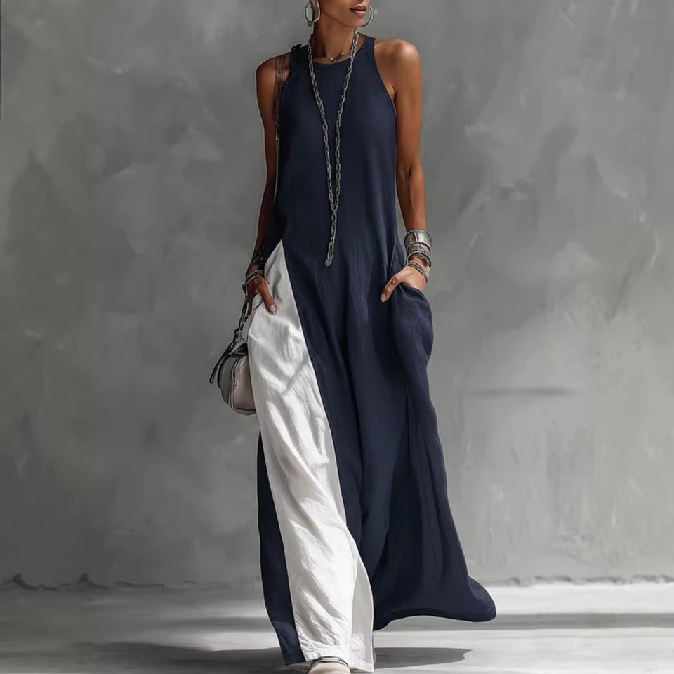 Women's Sleeveless Loose Contrast Color Dress with Pockets