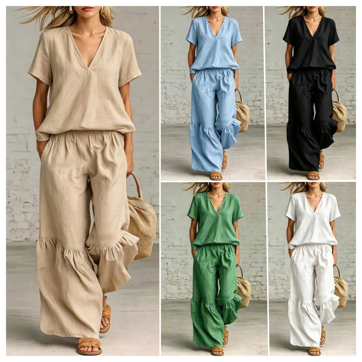 V-Neck Loose Short-Sleeve Top & Pants Set – 7 Colors, S–5XL
