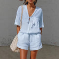 Women's Lace-Up Short-Sleeve Shirt & Loose Shorts Set – Casual Summer Co-Ord