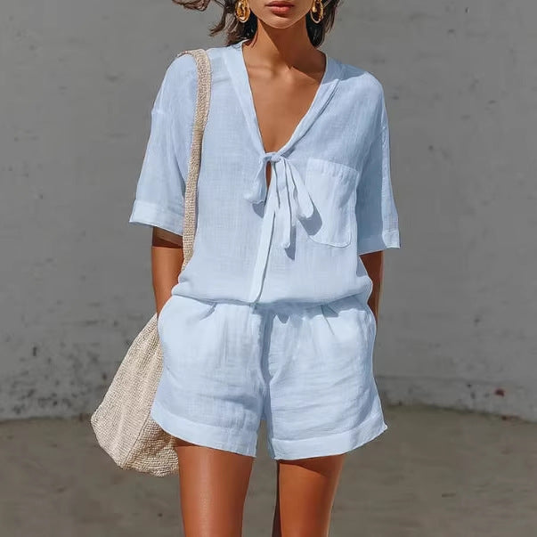 Women's Lace-Up Short-Sleeve Shirt & Loose Shorts Set – Casual Summer Co-Ord
