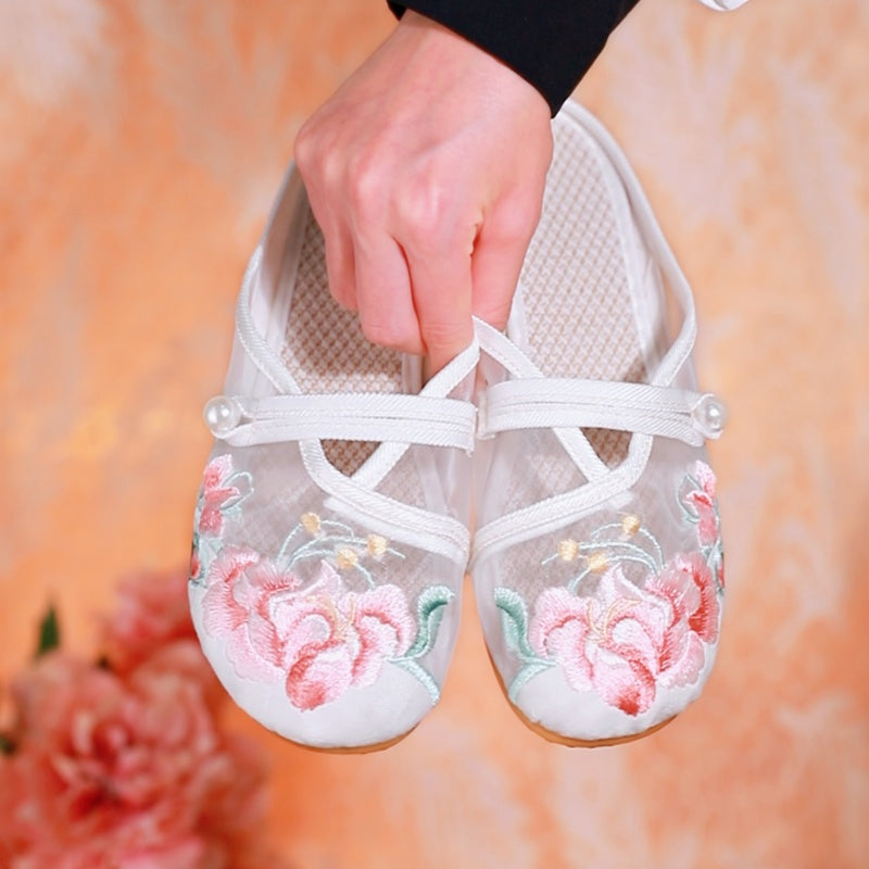 Women's Floral Embroidered Mesh Shoes – Breathable Hollow-Out Retro Flats
