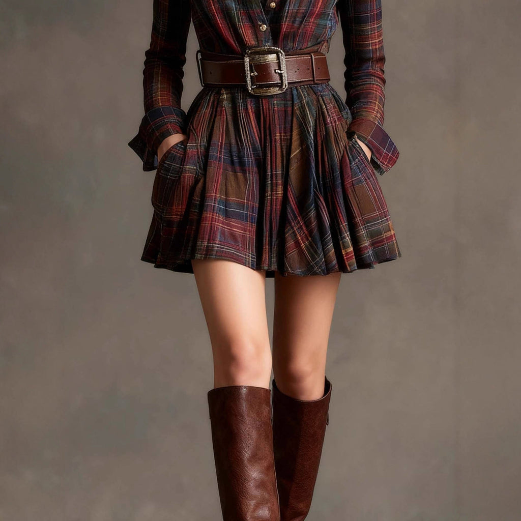 Women's Elegant Plaid Long Sleeve Mini Dress | Belted