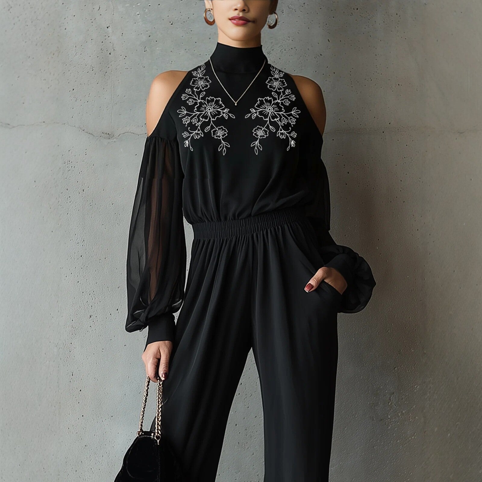 Black Embroidered Women’s Long-Sleeve Wide-Leg Jumpsuit