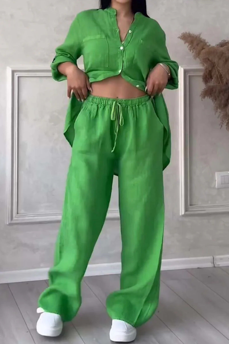 Wide-Leg Pants & Lace-Up Top Two-Piece Set – Solid Color, 12 Colors S–5XL