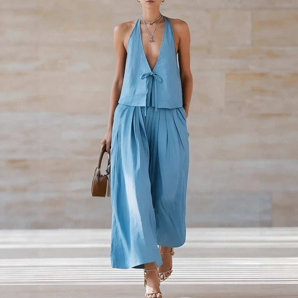 Women's Sleeveless Vest & Wide-Leg Pants Set – 2-Piece Lace-Up Outfit