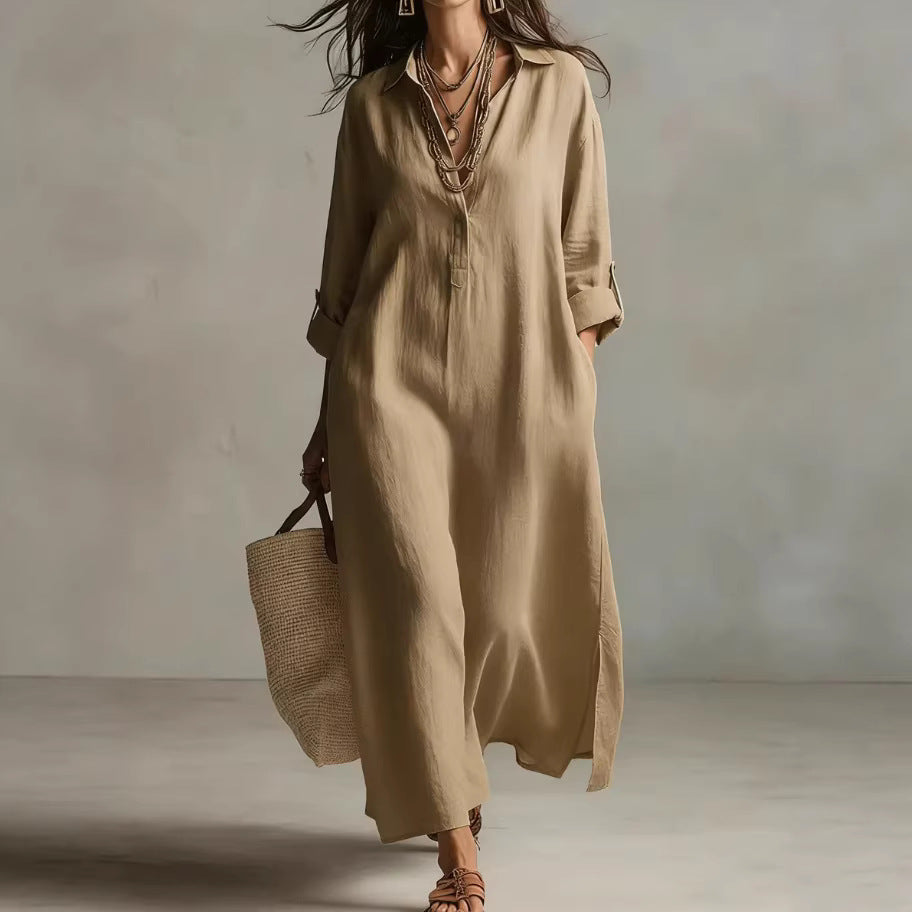 Women's Casual Long-Sleeve Linen Shirt Dress – Relaxed Fit