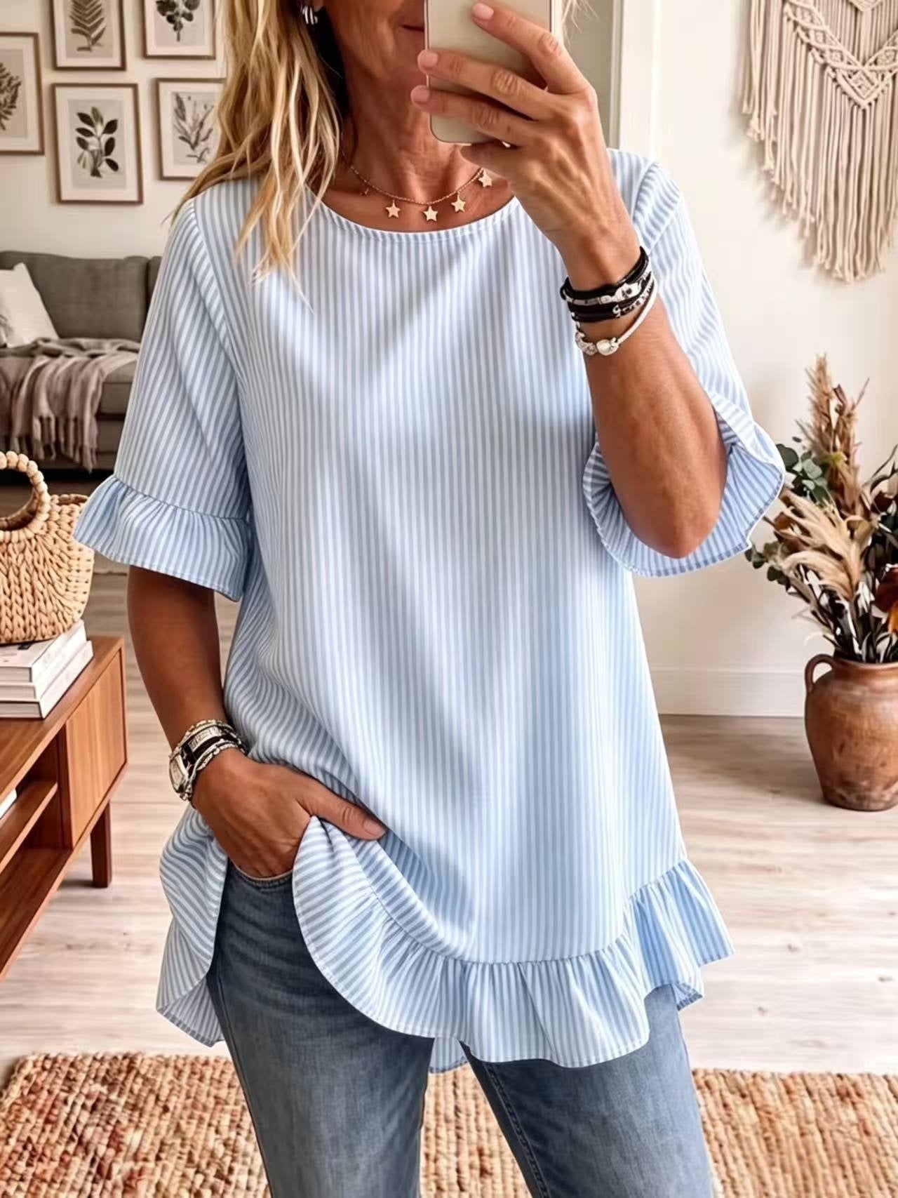 Women's Striped Ruffle-Sleeve Loose-Fit Blouse – Three-Quarter Sleeve