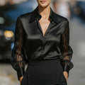 Women’s Satin Lapel Collar Blouse – Sheer Long Sleeve Button-Down Shirt for Office & Spring/Autumn Wear