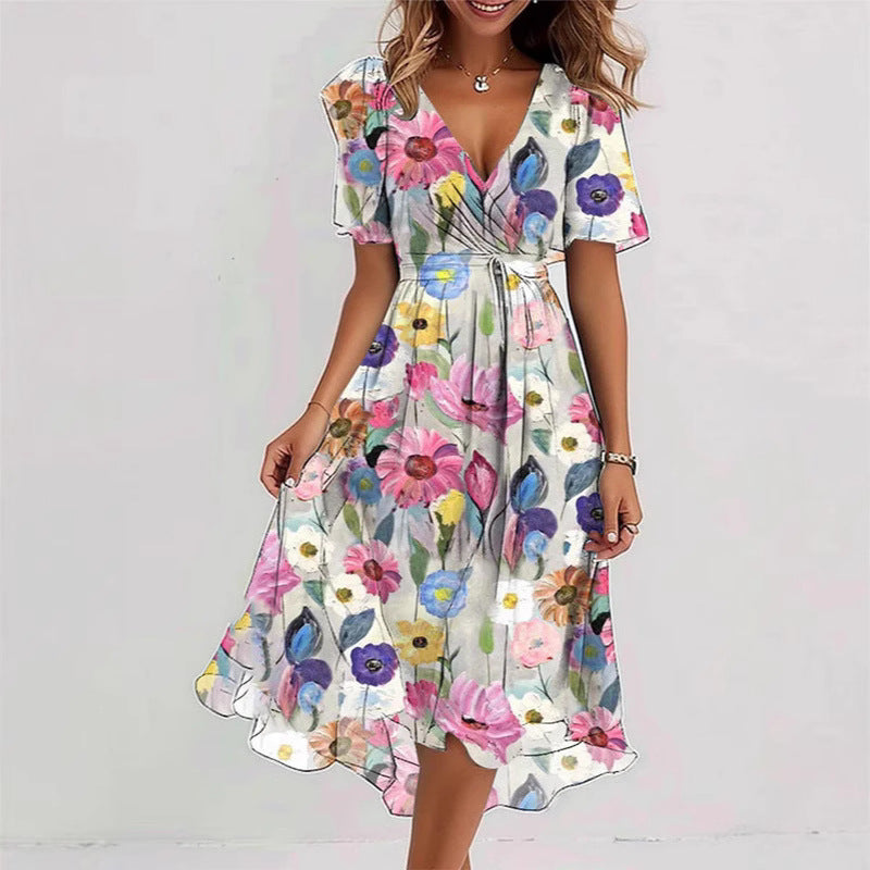 Floral Print A-Line Dress – V-Neck Short Sleeve Midi Dress