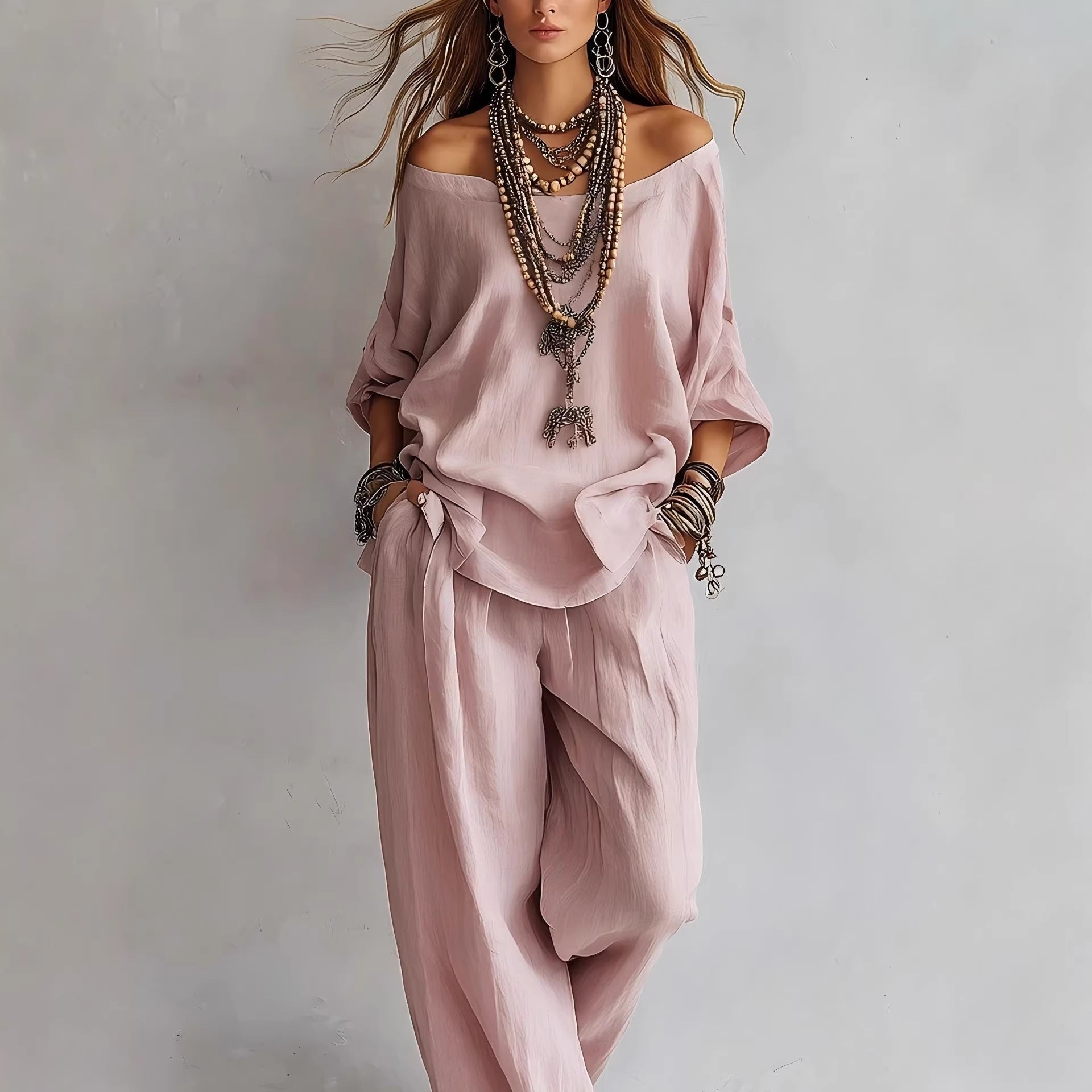 Women's Off-Shoulder Top & Wide-Leg Pants Set