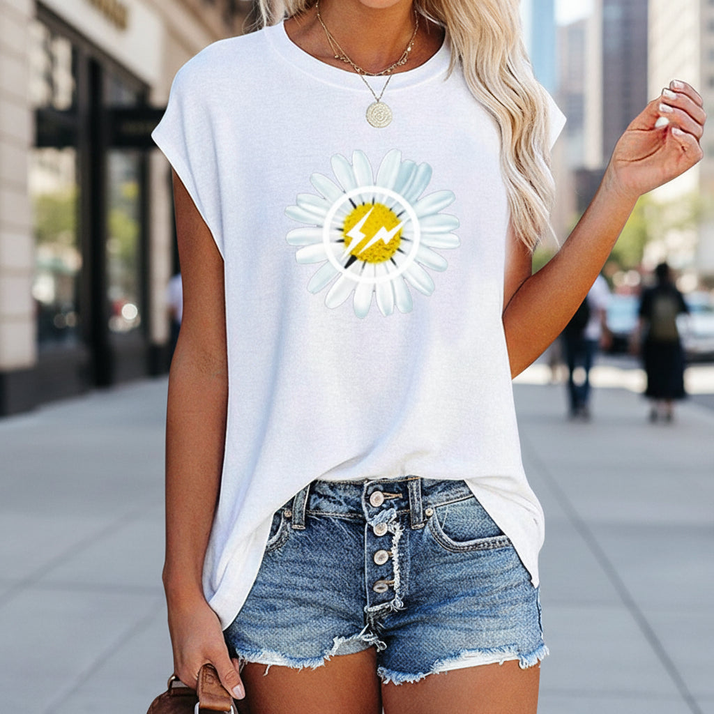 Women's Off-Shoulder Printed Top – Loose Fit Short Sleeve Cotton Pullover