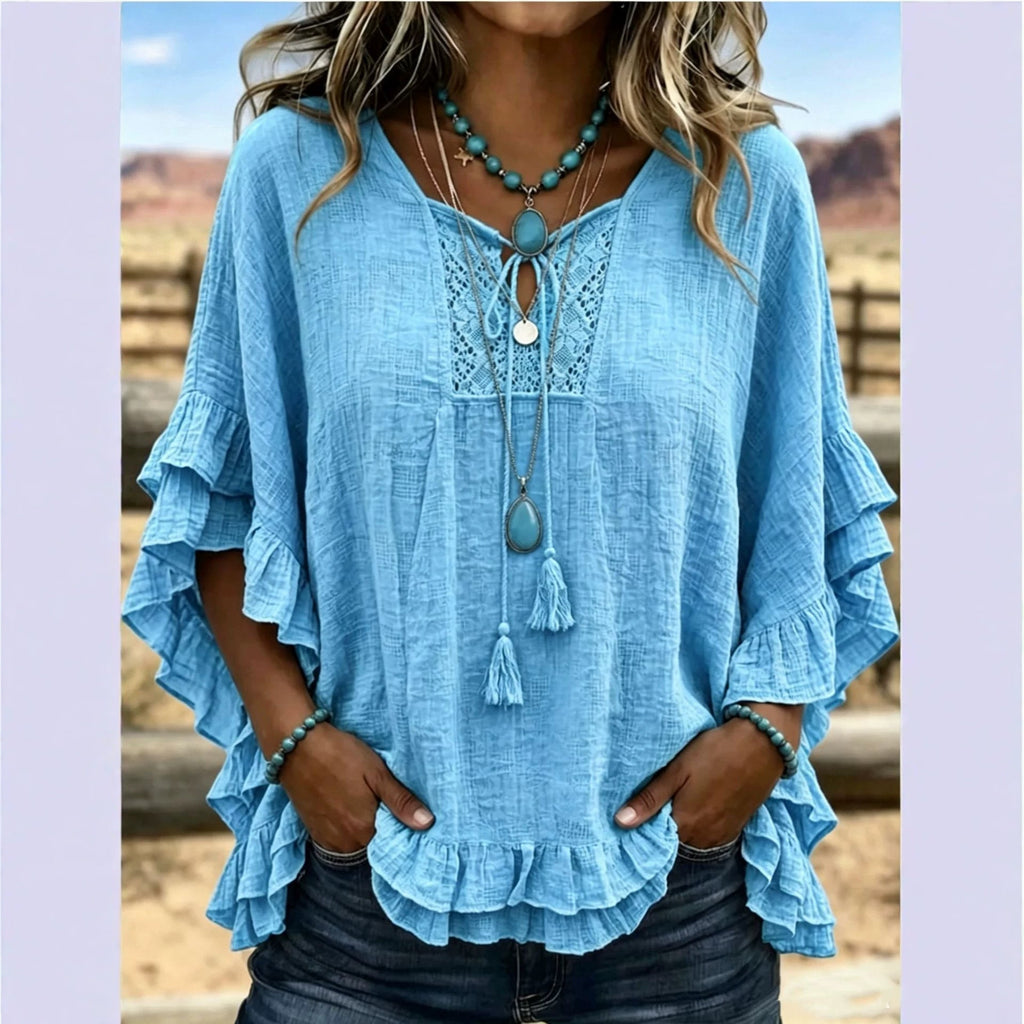Women's Boho V-Neck Lace-Up Ruffle Sleeve Blouse – Lace Trim