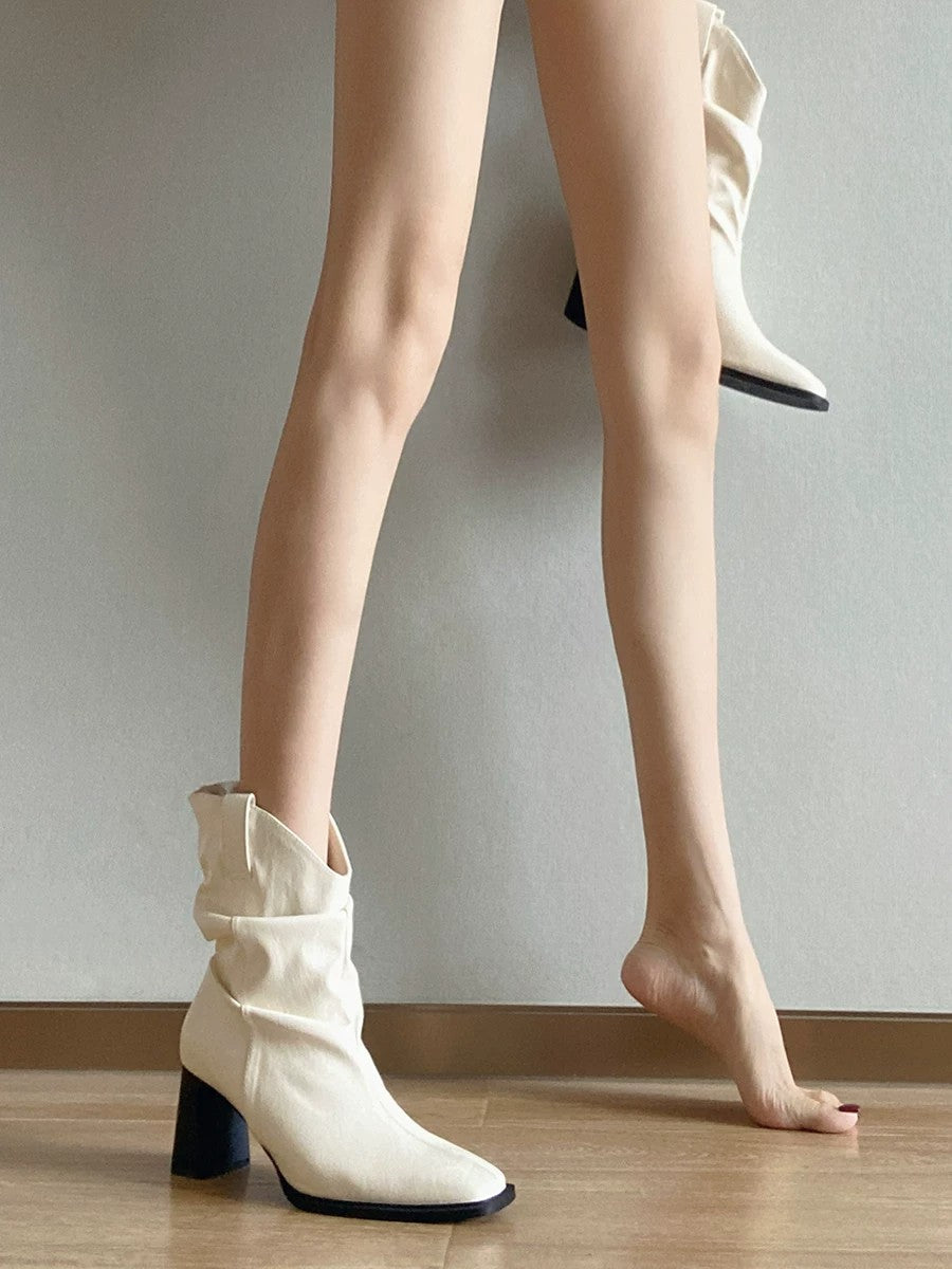 Women's French Luxury Ruched Square Toe Block Heel Slouch Ankle Boots