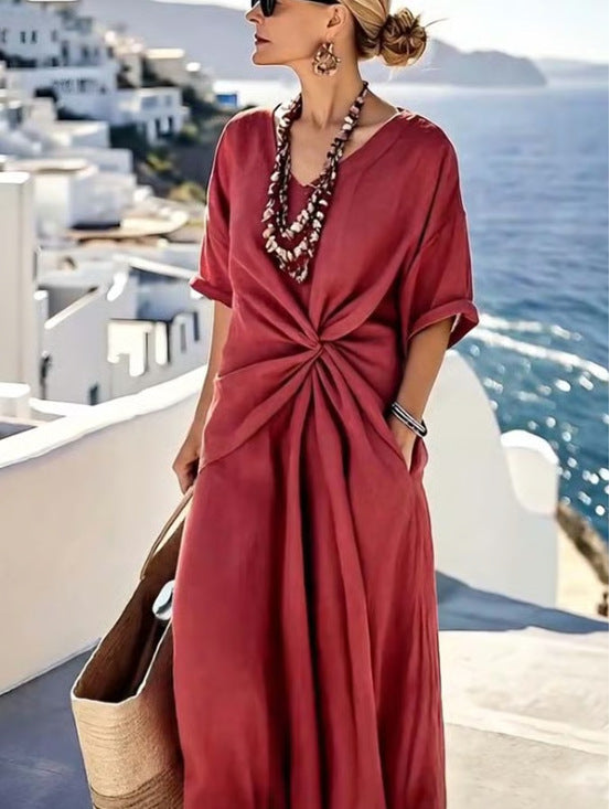 Striped Print Maxi Dress – Short Sleeve Beach Vacation Dress