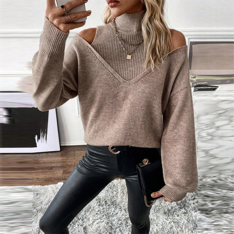 Women’s Elegant Off-Shoulder Turtleneck Sweater — Long Sleeve Knit Top