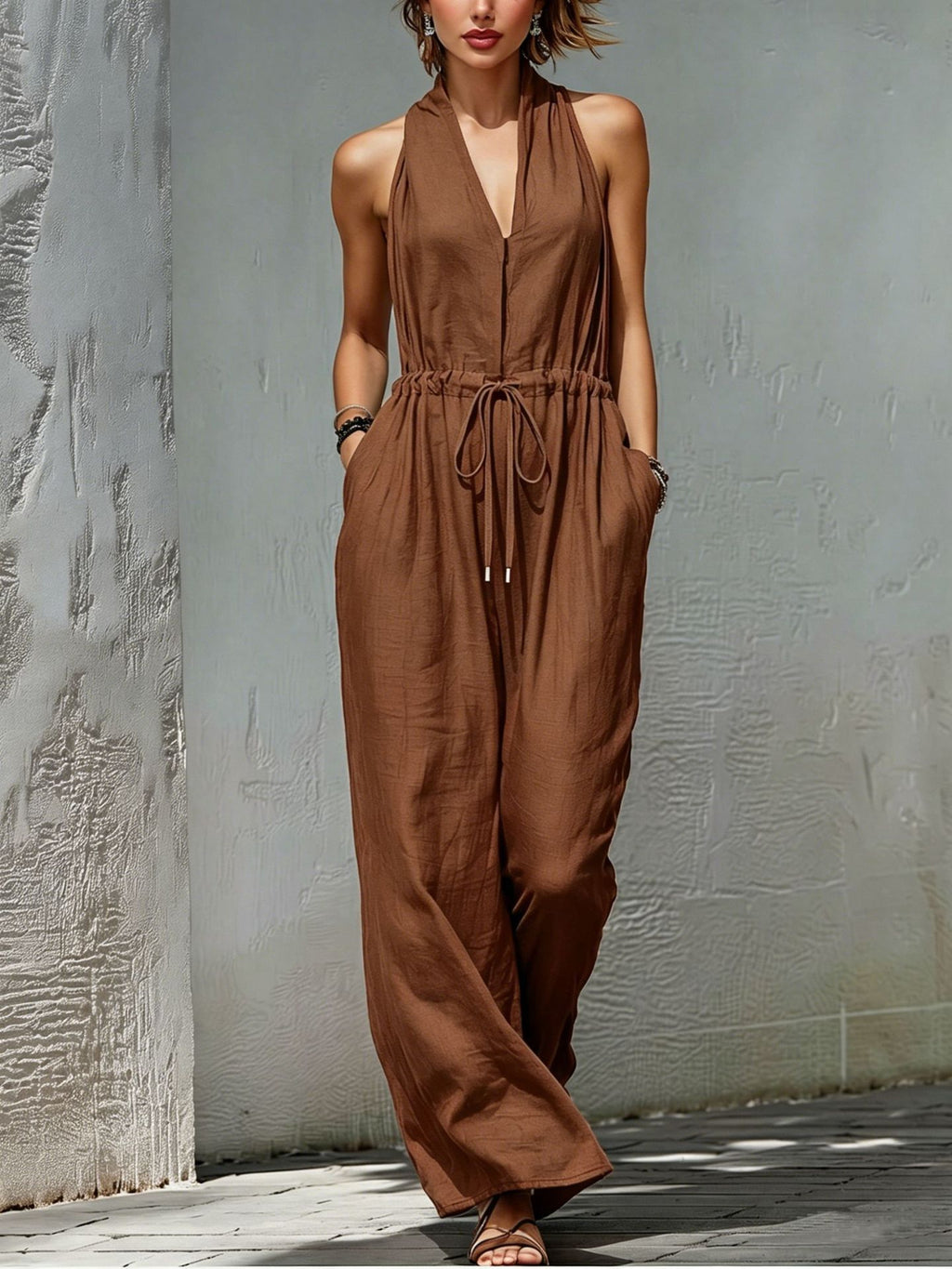 Women's Sleeveless Halter Neck Solid Color Long Jumpsuit