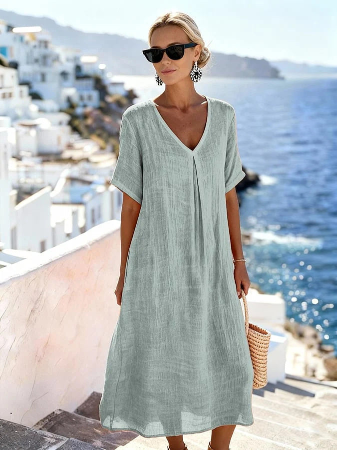 Patchwork Asymmetrical Maxi Dress – Relaxed V-Neck Style