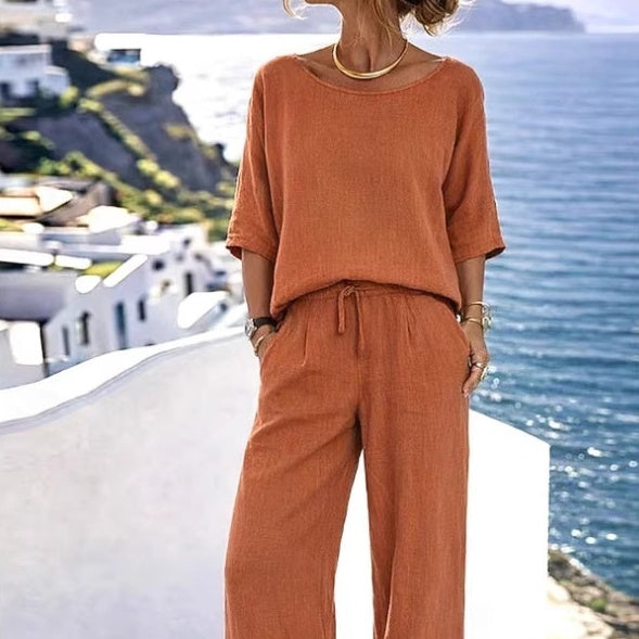 Women's Resort Set – Short Sleeve Top & Wide-Leg Pants