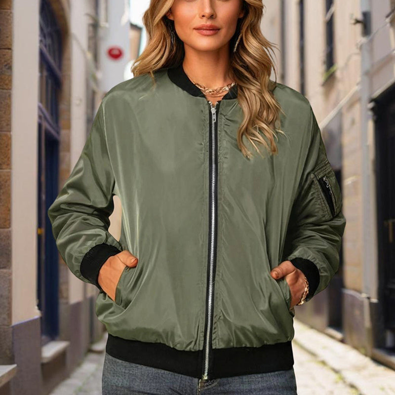 Minimalist Color-Block Stand-Collar Zip Jacket