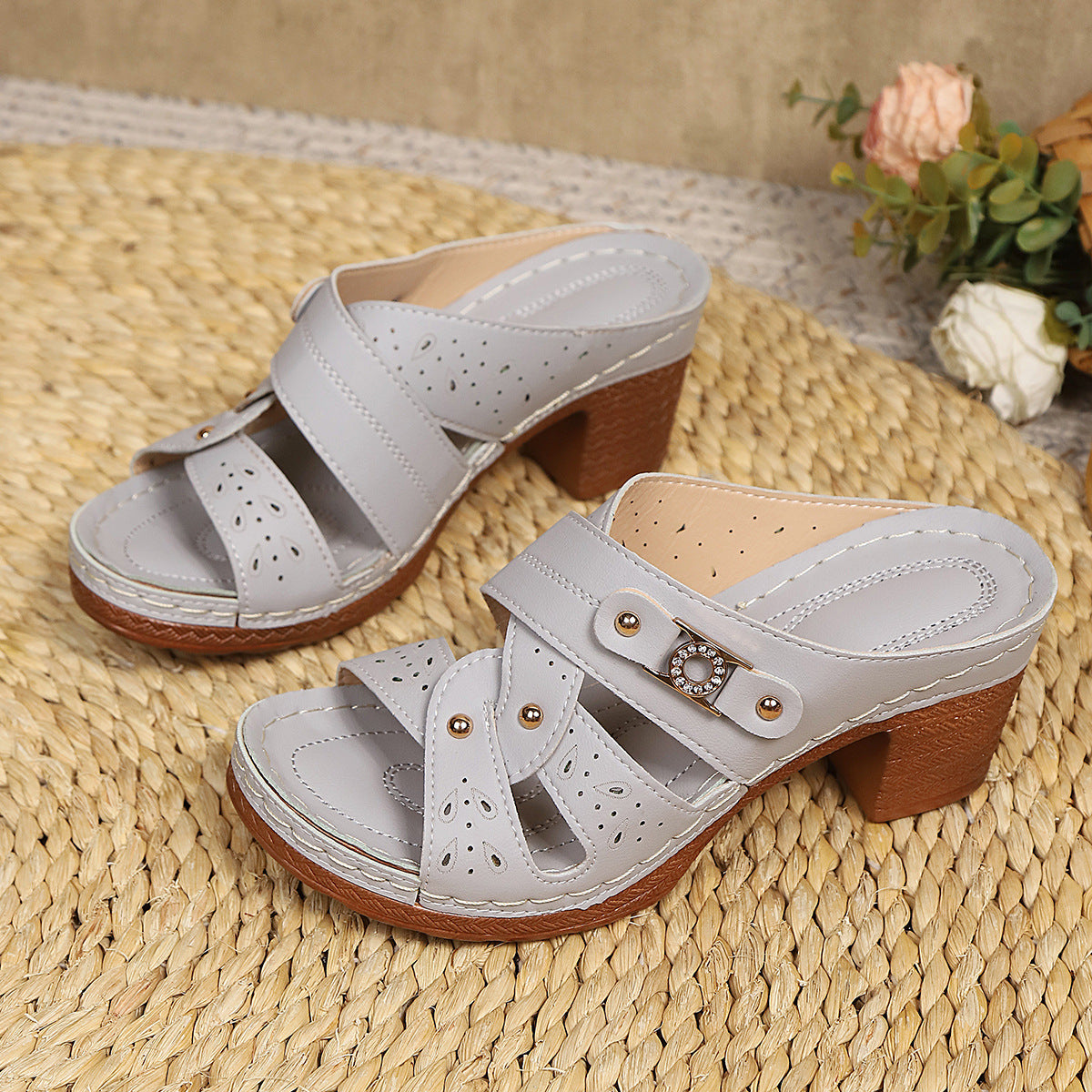 Women's High-Heel Slip-On Sandals – Round Toe Summer Slippers