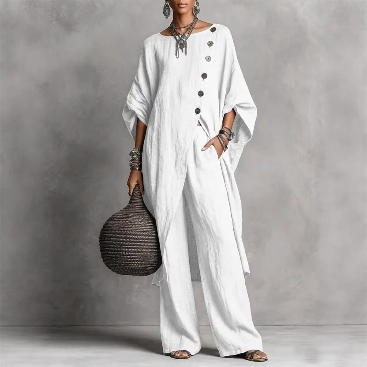 Women's Drop Shoulder Three-Quarter Sleeve Irregular Shirt & Pants Set