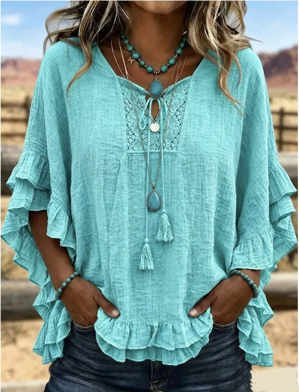 Women's Boho V-Neck Lace-Up Ruffle Sleeve Blouse – Lace Trim