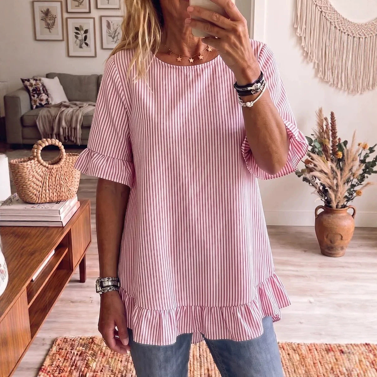 Women's Striped Ruffle-Sleeve Loose-Fit Blouse – Three-Quarter Sleeve