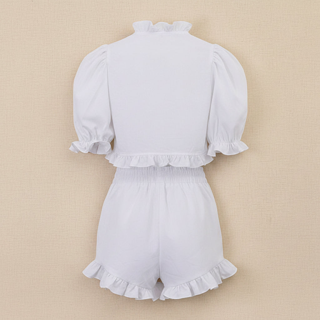 Women's Ruffled Linen-Blend Cropped Blouse & Shorts Set