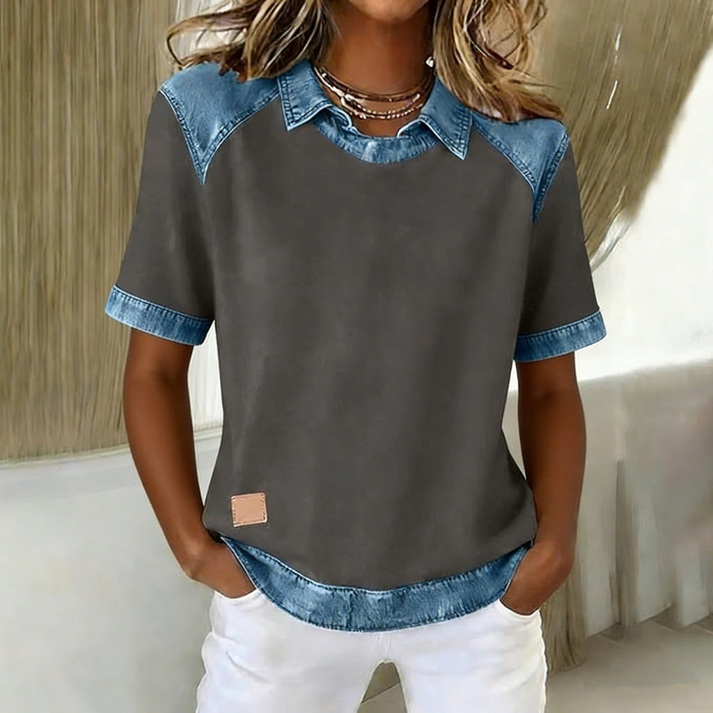 Patchwork Knitted Shirt Short-Sleeve Lapel Button-Up Shirt For Women