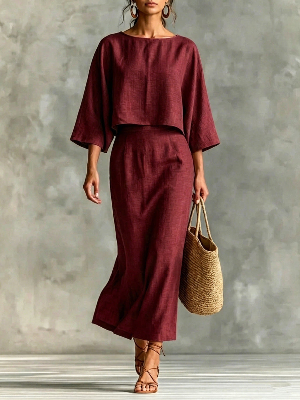 High Waist Long Skirt & 3/4 Sleeve Loose Top Set