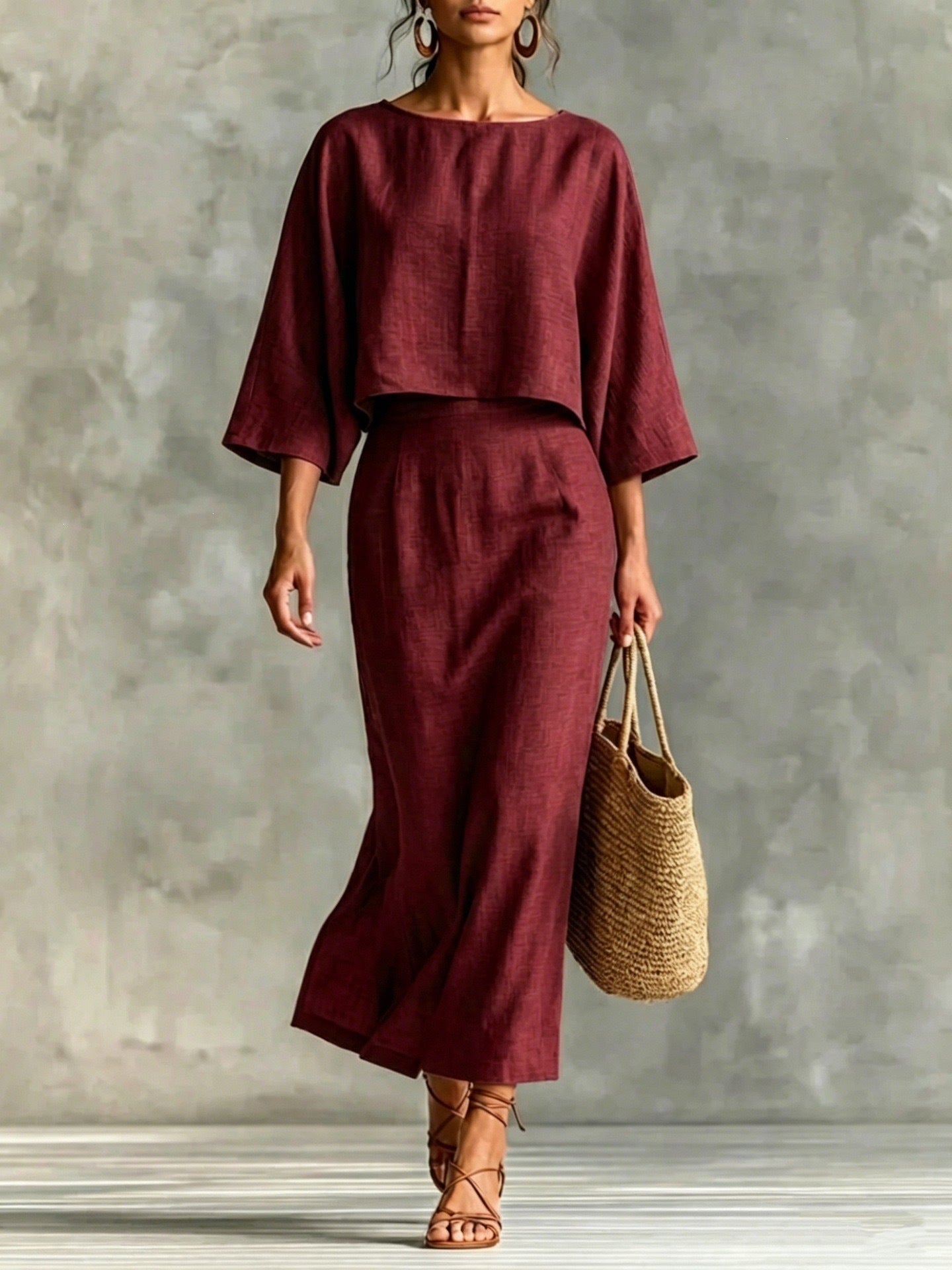 High Waist Long Skirt & 3/4 Sleeve Loose Top Set
