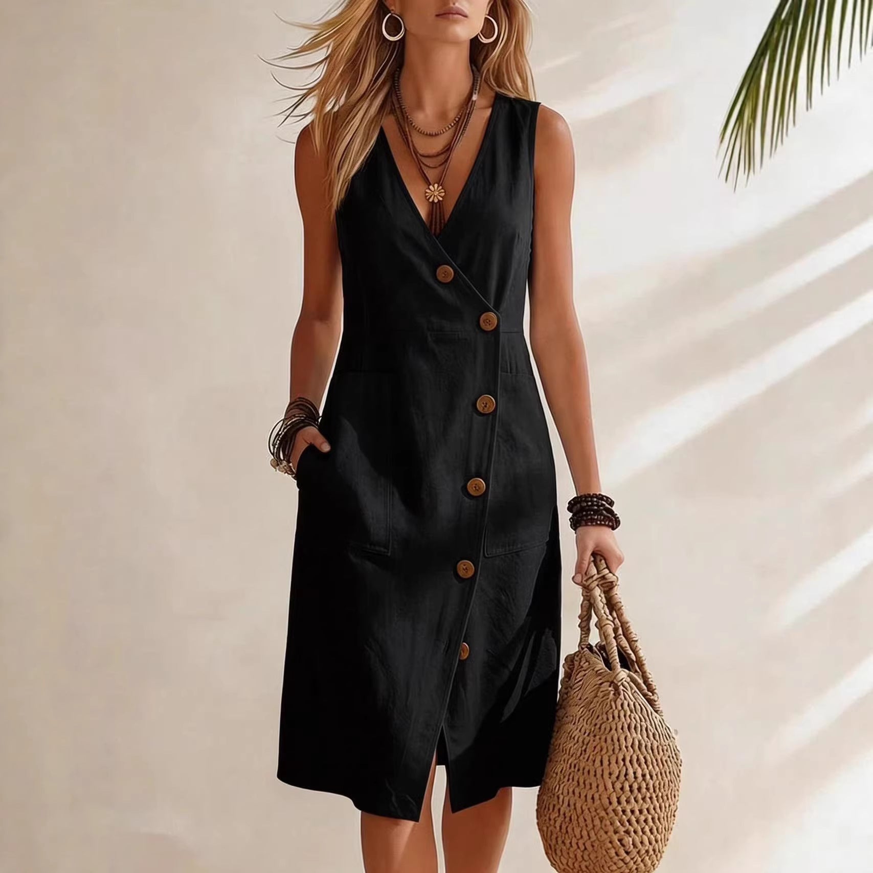 Women's Resort V-Neck Sleeveless Asymmetrical-Button Midi Dress
