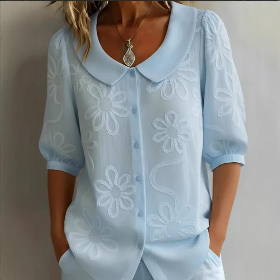 Women's Loose-Fit Retro 3D Embroidered Floral Shirt – Buttoned Casual Top