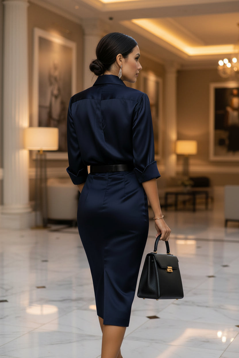 Women's Slim-Fit Lapel Collar Half-Sleeve Midi Dress