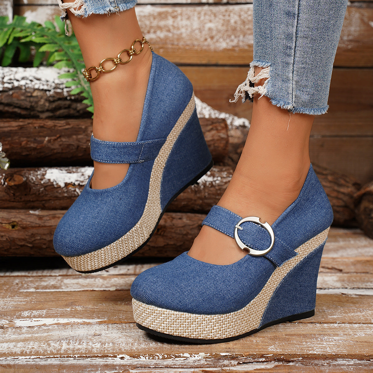 Women's Platform Wedge Pumps | Round-Toe Buckle Waterproof Thick Sole Shoes in Black & Blue | EU 36–43