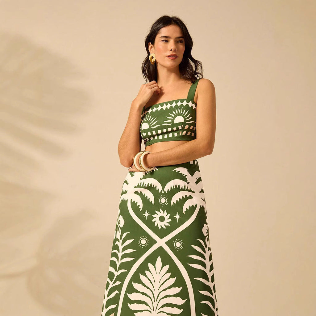 Women's Floral Printed Camisole & High-Waisted Midi Skirt Set