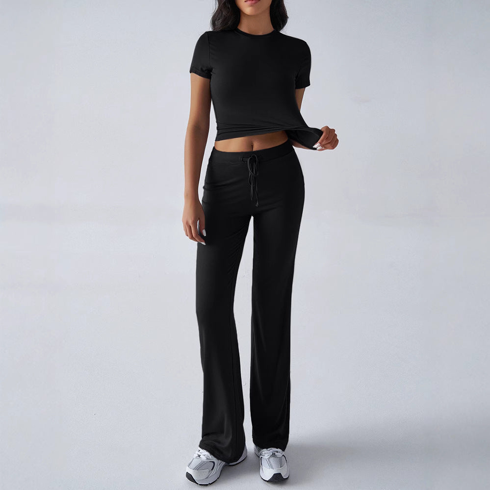 Crew Neck Short Sleeve Top & Full-Length Pants Set – Solid Color, 10 Colors
