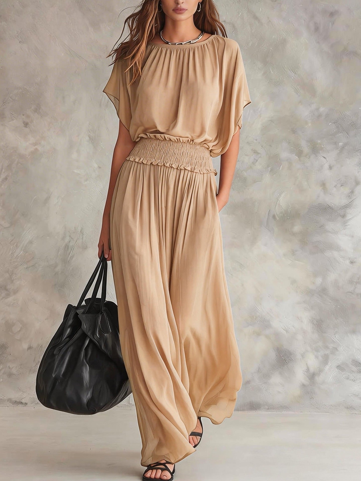 Women's Chiffon High-Waist Ruched Maxi Dress
