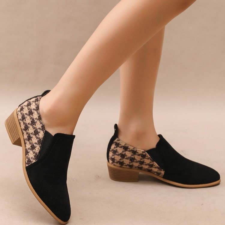 Women's Retro Color-Block Slip-On Heels – Round Toe Mid Heel Dress Shoes