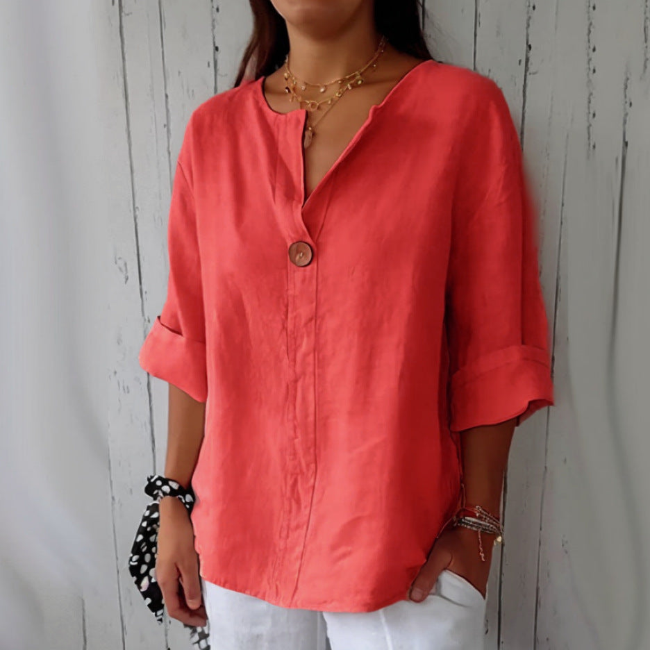 Women's V-Neck Long-Sleeve Button Top – Loose Fit Casual Blouse