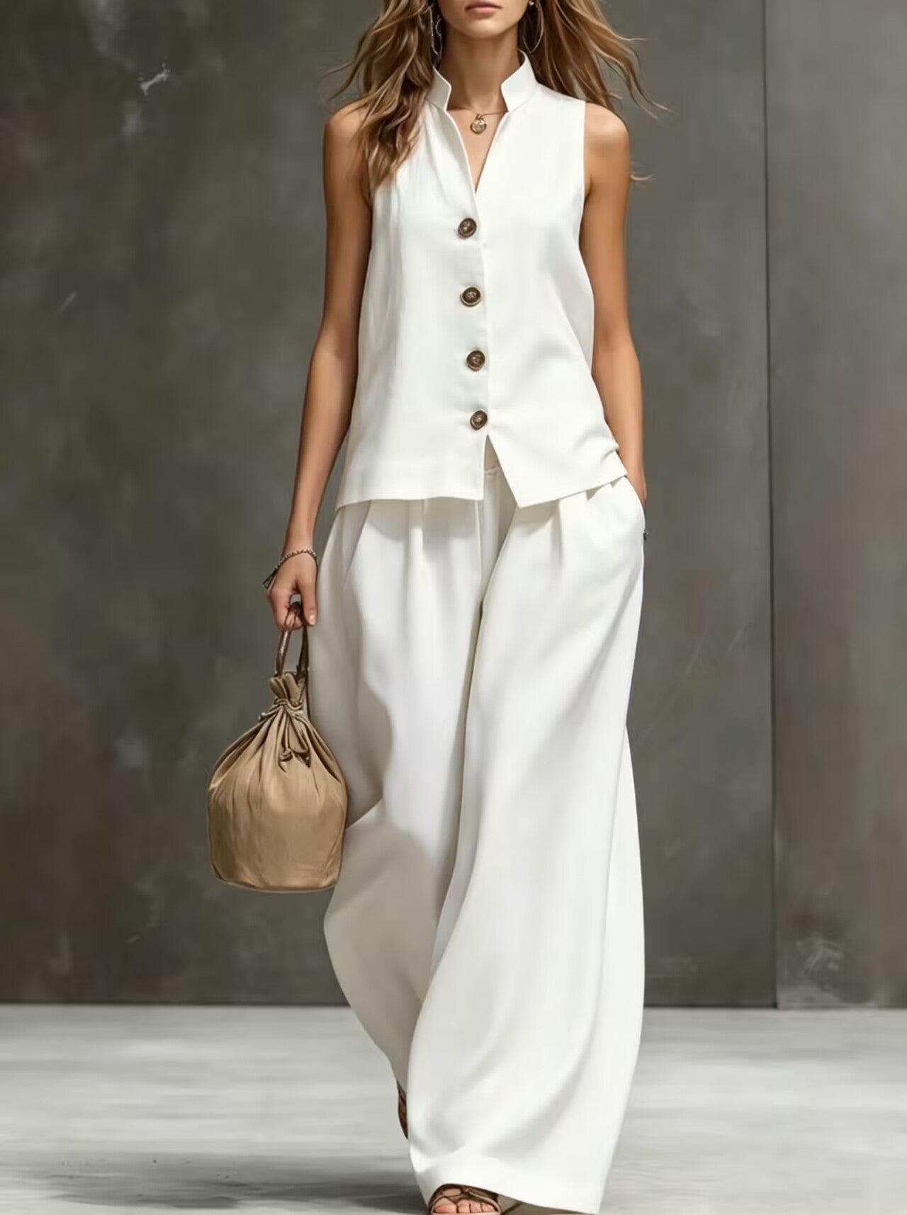 Women's Sleeveless Vest & Wide-Leg Pants Two-Piece Set – Cotton Linen