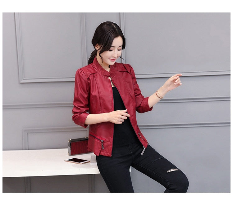 Korean-Style Slim Fit Motorcycle Leather Coat — Stand-Up Collar