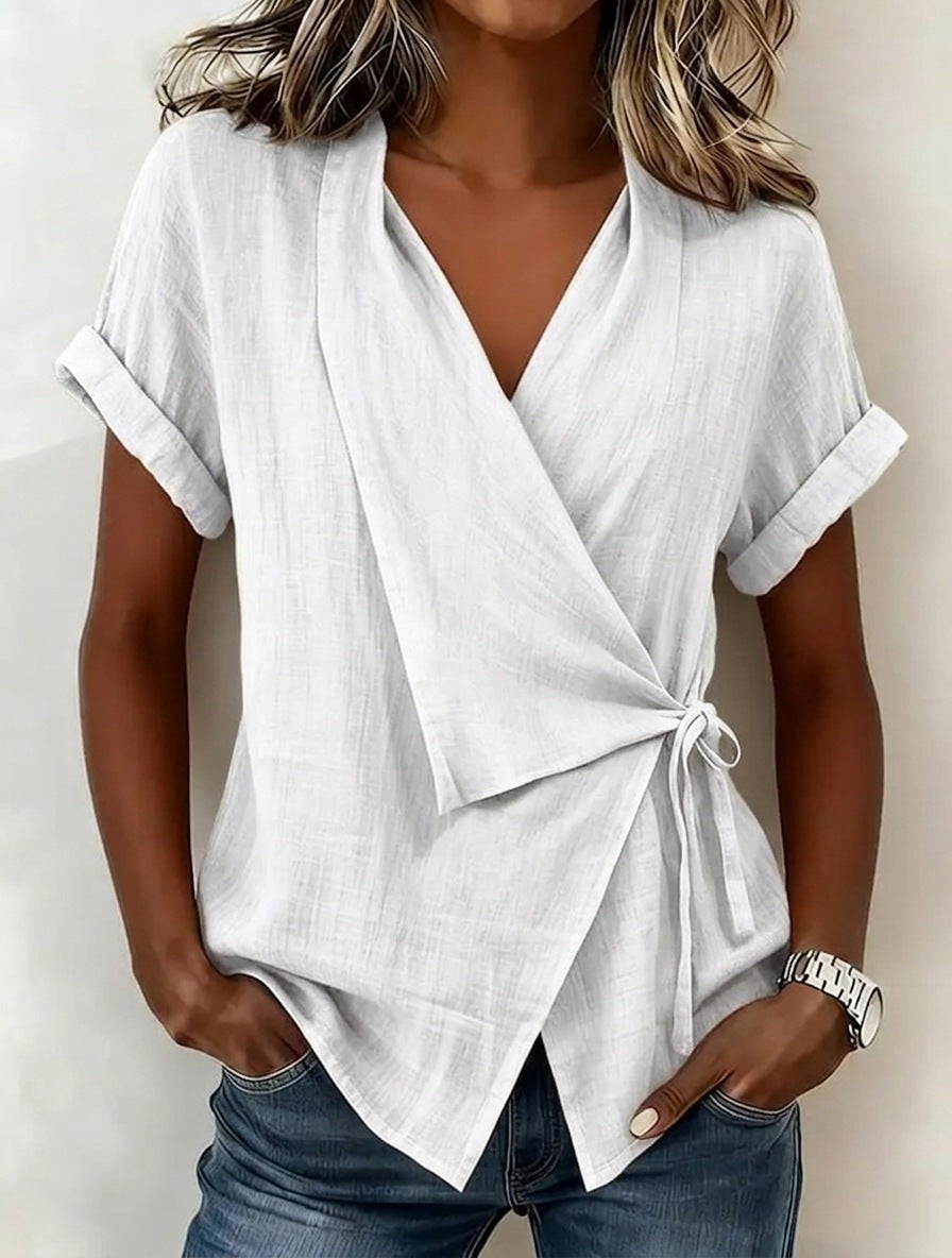 Women's Casual Lapel Collar Lace-Up Short-Sleeve Linen Top