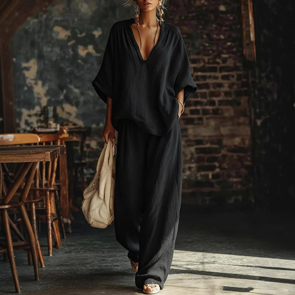 V-Neck Loose Short-Sleeve Top & Pants Set – 5 Colors, S–4XL