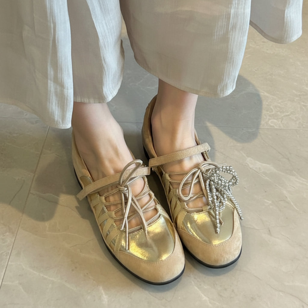 Women's Rhinestone Bow Lace-Up Mary Jane Flats – Cut-Out Cage