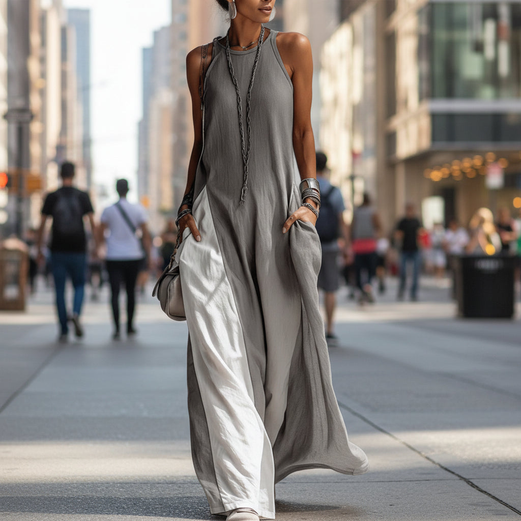Off-Shoulder Color-Block Flared Maxi Dress with Pockets | 5 Colors
