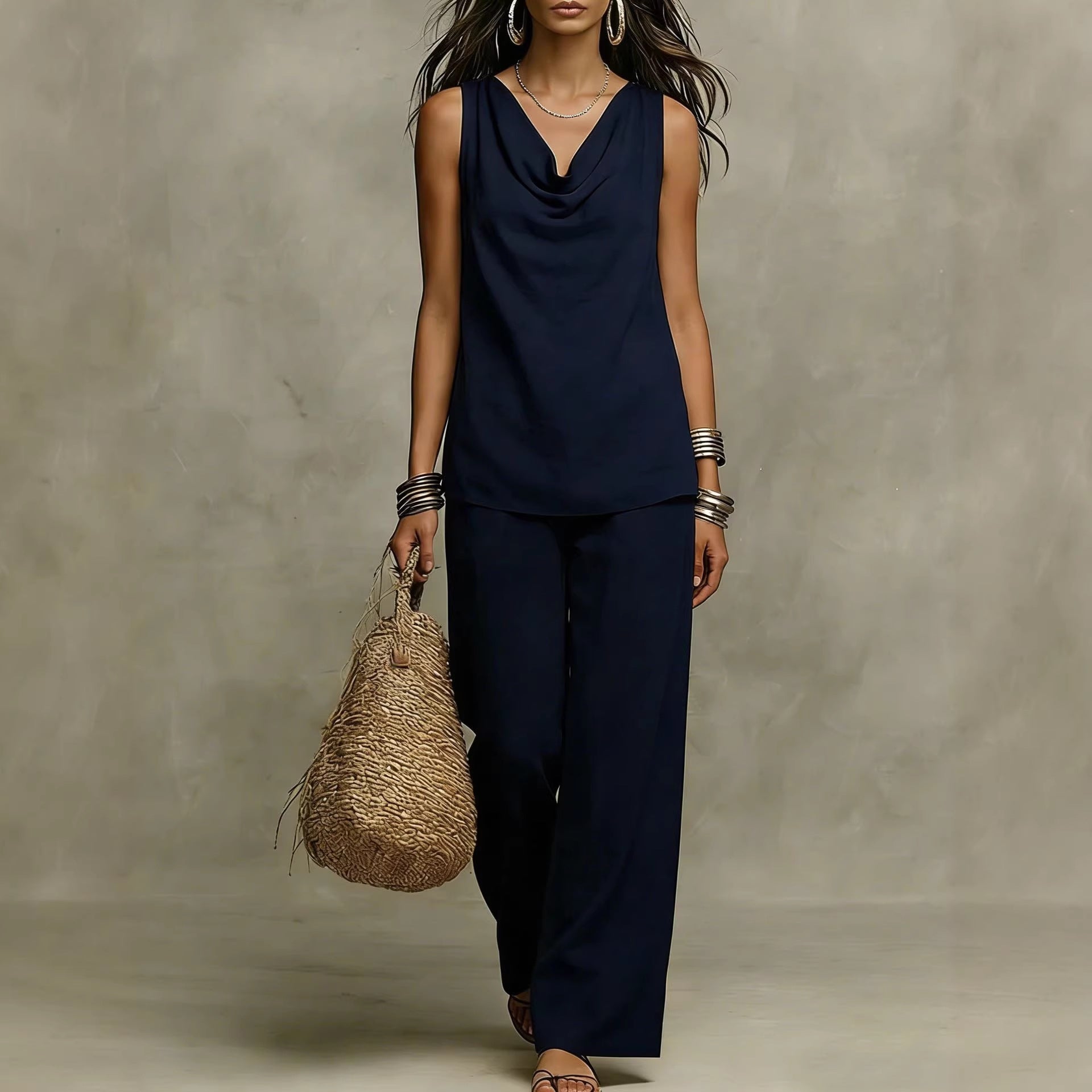 Women's Slash-Neck Sleeveless Tank Top & Casual Pants Set