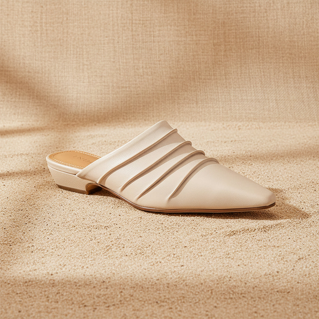 Handmade Sheepskin Ruched Mule Slides – Square Toe Low Heel
