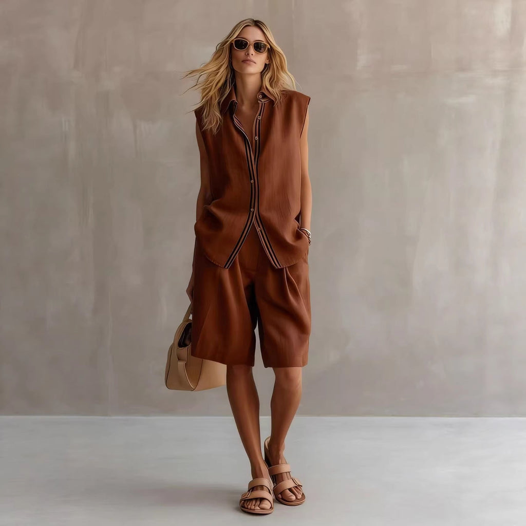 Women's Linen Shirt and Shorts Set – Sleeveless Summer Two-Piece